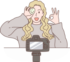 Illustration of beauty blogger recording makeup tutorial video for vlog in Social media. Characters hand drawn style. png