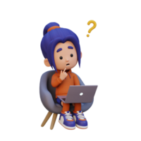 3D cute girl character confused on a laptop png