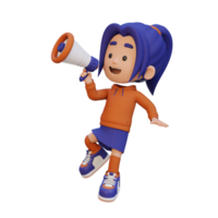 3D cute girl Character jumping and talking on Megaphone png