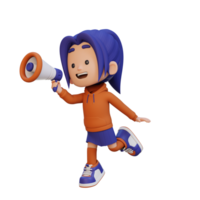 3D cute girl Character jumping and talking on Megaphone png