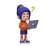 3D cute girl character confused on a laptop png