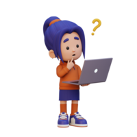 3D cute girl character confused on a laptop png