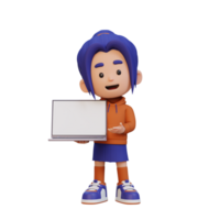 3D girl Character Holding and Presenting to a Laptop with Empty Screen png