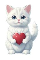 AI generated little white kitten with a big red heart graphics for Valentines Day photo