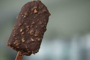 Brown chocolate popsicle ice cream  covered with chocolate mix peanut photo