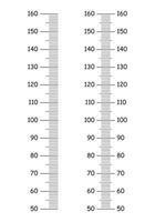 Set of Kids height chart from 50 to 160 centimeters. Template for wall growth sticker isolated on a white background. Meter wall, growth ruler. Vector outlined illustration.