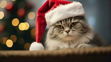 AI generated Cat wears red colored Santa's hat for Christmas Eve, Generative AI. photo