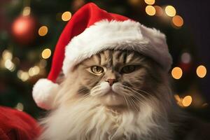 ai generado gato usa rojo de colores de santa sombrero para Navidad víspera, generativo ai. foto