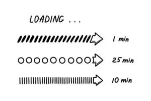 Set of doodle loading bars. Sketch download progress vector illustration, Upload status indicator. Computer user interface design element.