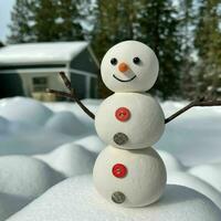 ai generado linda sonriente monigote de nieve en un pila de nieve foto