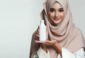 ai generado asiático mujer musulmán hijabi sostener un blanco botella aislado en blanco antecedentes foto