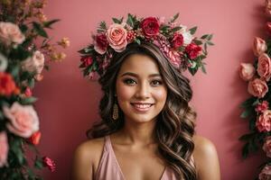 ai generado retrato de un hermosa niña con un guirnalda en su pelo en un rosado antecedentes foto