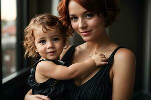 AI generated Young beautiful mother holding her daughter in her arms photo