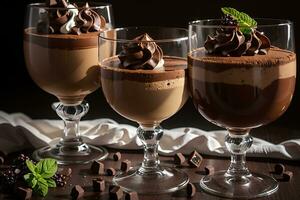 AI generated Italian chocolate and coffee mousse dessert semifreddo in small glasses. Italian cuisine photo