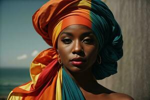 ai generado retrato de un hermosa africano mujer en un turbante. negro historia mes foto