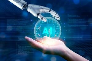 Futuristic Collaboration Human and Robot Hands Touching AI artificial intelligence Technological machine Innovation global network data photo