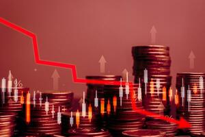 Economic index stock market and fund price graph change fall and finance and banking inflation values. Coins stack and red arrow business concept photo