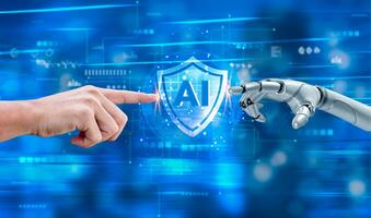 Futuristic Collaboration Human and Robot Hands Touching AI artificial intelligence Technological machine Innovation global network data photo