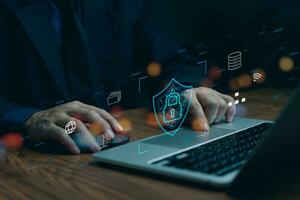 Cybersecurity Data Network Protect in Action on Laptop Digital Padlock and Cloud Technology Privacy System Internet Online Service Concept photo