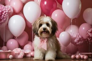 AI generated Valentines Themed Pet Photography Session Featuring a Spoiled Dog Amidst Heart Balloons in a Chic Arctic White and Petal Pink Setting photo