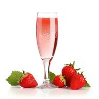 AI generated A Flute of Pink Sparkling Champagne with a Strawberry Garnish on the Rim Isolated on a White Background for a St Valentines Day Theme photo