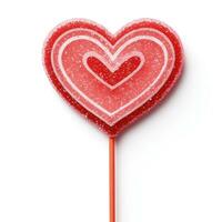 AI generated Sparkling sugar crystal encrusted candy cane heart lollipop on a white background for St Valentines Day concept photo