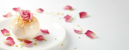 ai generado blanco chocolate trufa con Rosa pétalo esencia y comestible oro hoja Adición aislado en blanco para san valentin día concepto foto