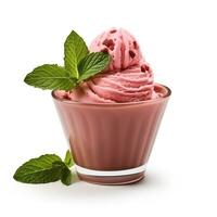 AI generated One scoop of strawberry gelato garnished with a mint leaf and heart shaped chocolate pieces on a white backdrop Valentines Day theme photo