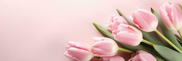 AI generated Soft Pink Tulip Arrangement on a Pastel Backdrop with White and Light Pink Tones for a Valentines Day Theme Background photo