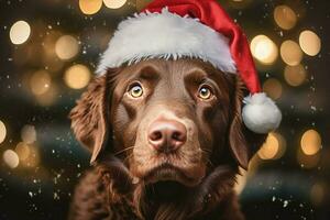 AI generated Dog wearing red santa claus hat christmas tree in the background, Generative AI. photo