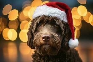 AI generated Dog wearing red santa claus hat christmas tree in the background, Generative AI. photo
