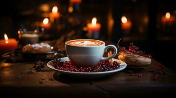 AI generated Cup of hot chocolate with cinnamon sticks on a wooden table photo