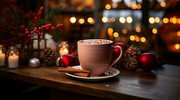 AI generated Cup of hot chocolate with cinnamon sticks on a wooden table photo