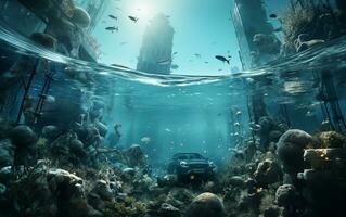 AI generated Water pollution, garbage underwater, sunken ship photo