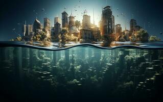 AI generated Water pollution, garbage underwater, sunken ship photo