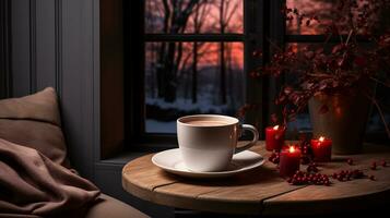 AI generated Cup of hot chocolate with cinnamon sticks on a wooden table photo