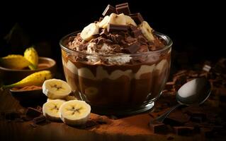 AI generated Chocolate pudding with banana on dark background photo