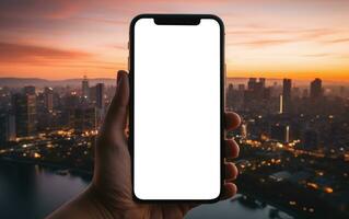 AI generated Smartphone Mockup on the background of the city and street photo