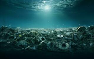 AI generated Water pollution, garbage underwater, sunken ship photo