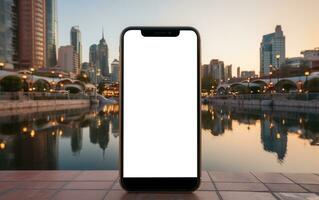 AI generated Smartphone Mockup on the background of the city and street photo