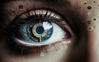 ai generado el cibernético ojo de artificial inteligencia transforma humano visión foto