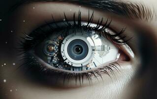 ai generado el cibernético ojo de artificial inteligencia transforma humano visión foto