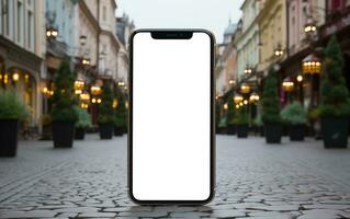 AI generated Smartphone Mockup on the background of the city and street photo