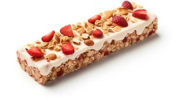 Fruit nut  bar isolated in a clean white backdrop with strawberry and nuts, Generative AI. photo