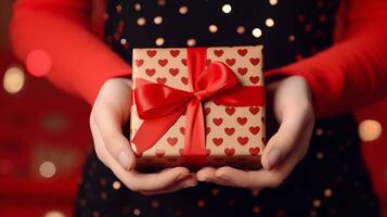 Woman with a gift box bind with ribbon in a clean red backdrop, Generative AI. photo
