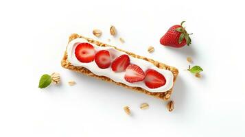 Fruit nut  bar isolated in a clean white backdrop with strawberry and nuts, Generative AI. photo