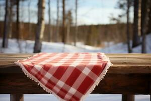 AI generated A Red Checkered Tablecloth on a Wooden Table, Set against a Wooden Background photo