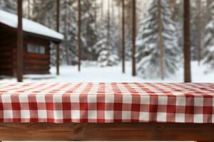 AI generated A Red Checkered Tablecloth on a Wooden Table, Set against a Wooden Background photo