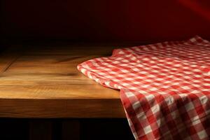 ai generado un rojo a cuadros Manteles en un de madera mesa, conjunto en contra un de madera antecedentes foto