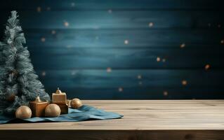 AI generated Empty wooden table top New Year's elegant Christmas tree blue background photo